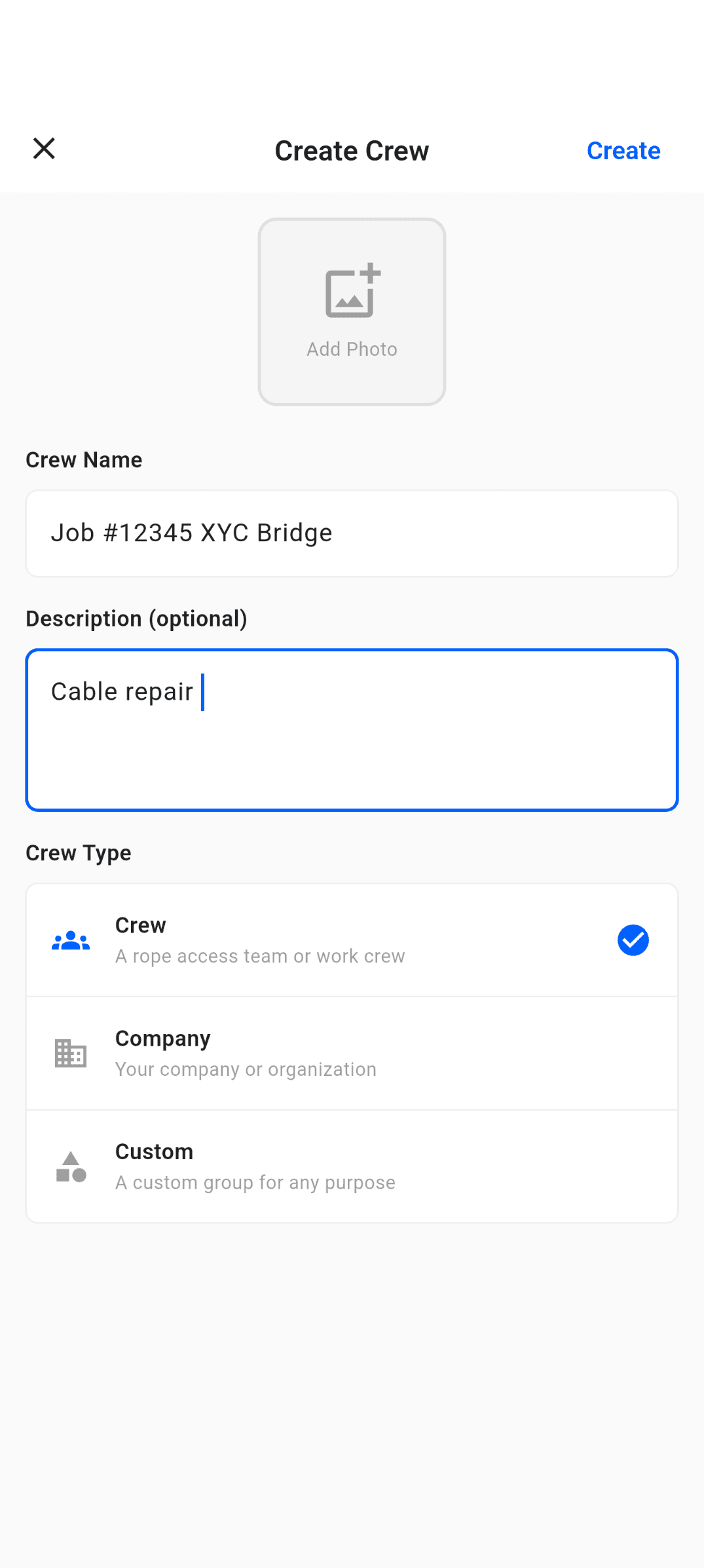 H3Kit Crew Create Screen