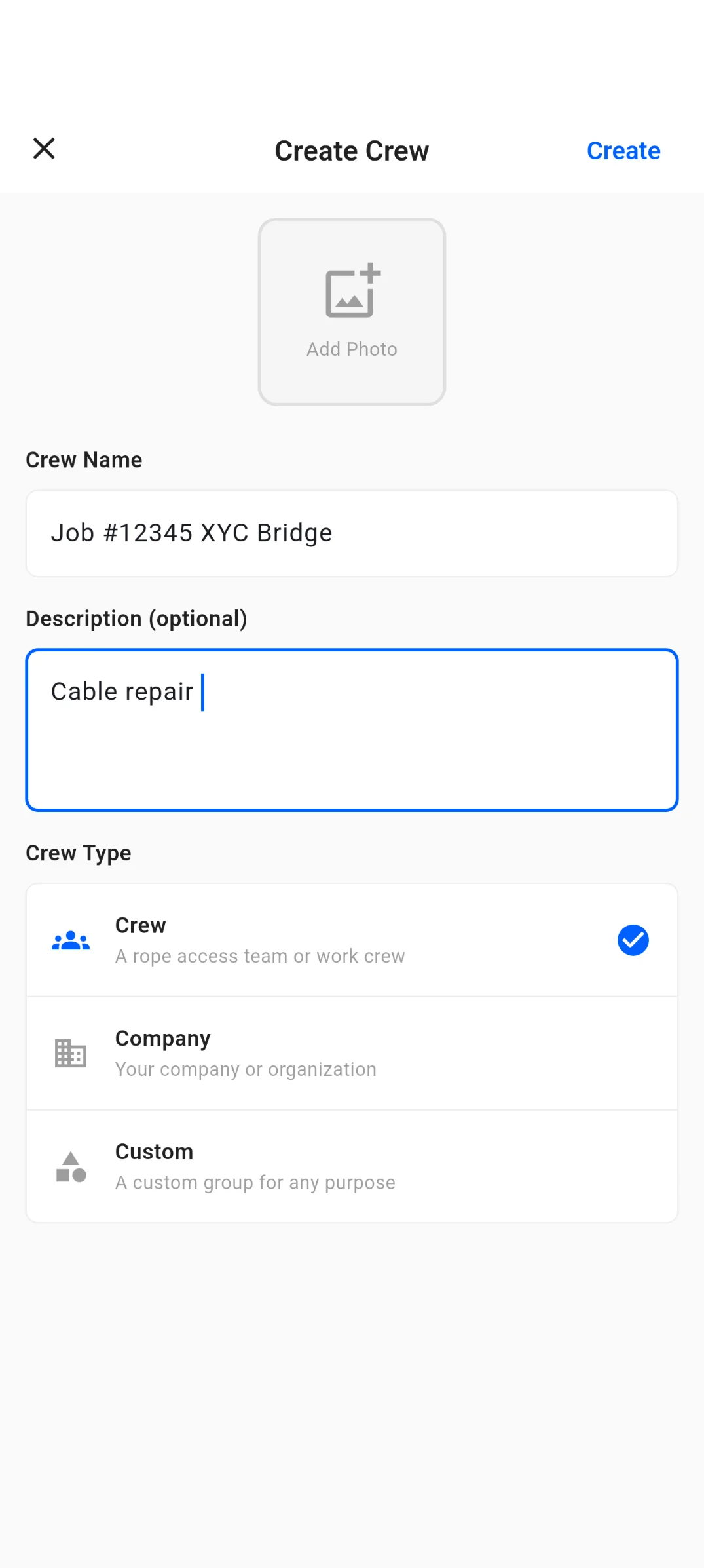 H3Kit Crew Create Screen