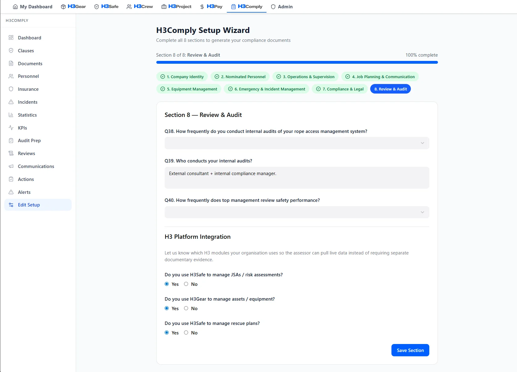 H3Comply document wizard displaying a step-by-step controlled document creation workflow with approval stages