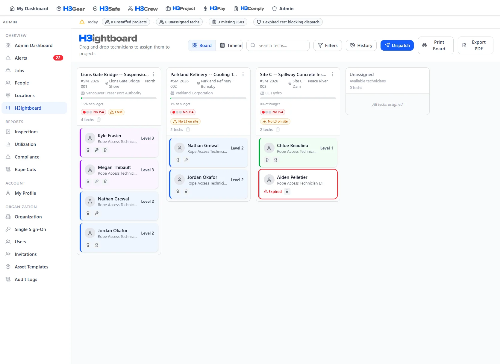 H3ightboard — staffing board with project columns and signals